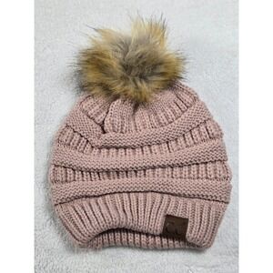 CC Exclusives Dusty Rose Cable Knit Beanie Faux Fur Pom Pom Winter Hat
